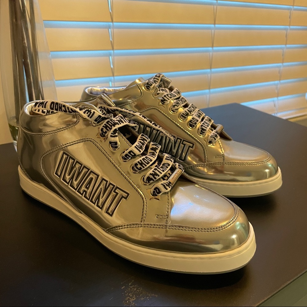 NEW- Jimmy Choo Miami Logo Sneakers Silver Size 36